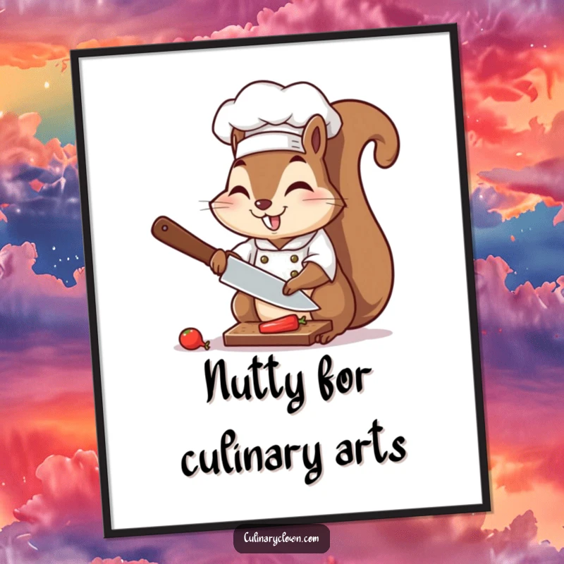 Funny Free Printable Wall Art: An energetic chef squirrel enthusiastically chopping vegetables, bringing a dynamic and humorous vibe to decor.