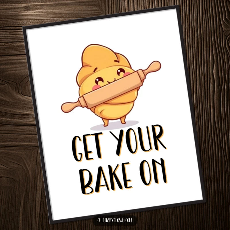 Funny free printable wall art of a determined croissant character energetically using a rolling pin, perfect for adding humor to a kitchen.