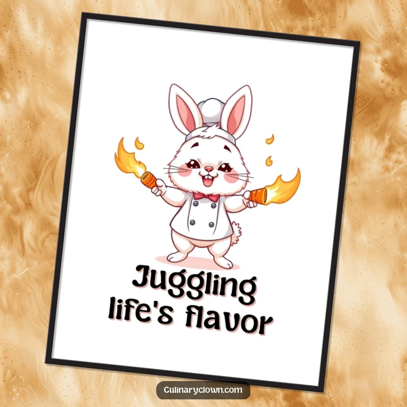 Funny Free Printable Wall Art: Fluffy bunny chef comically juggling flaming carrots with intense focus, creating a fiery and humorous display.