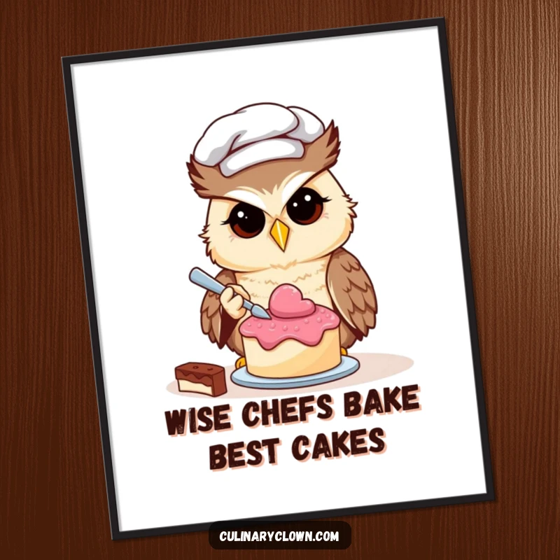 Funny free printable wall art of a determined owl chef focused on carefully decorating a miniature cake with precision.