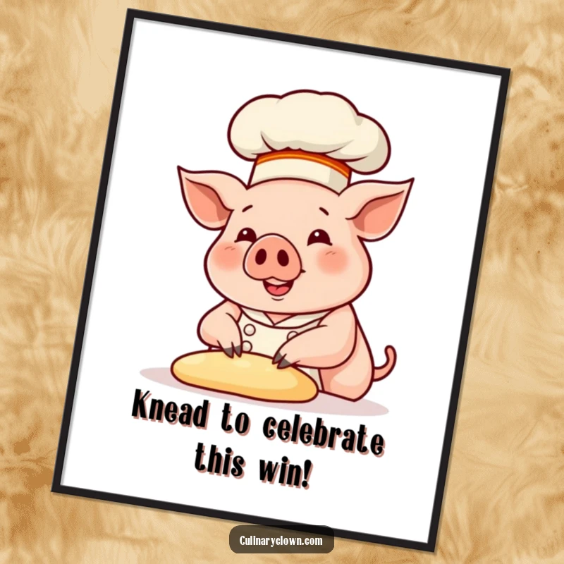 Funny Free Printable Wall Art: A cheerful pig chef in a tall hat, skillfully kneading dough with a big smile.