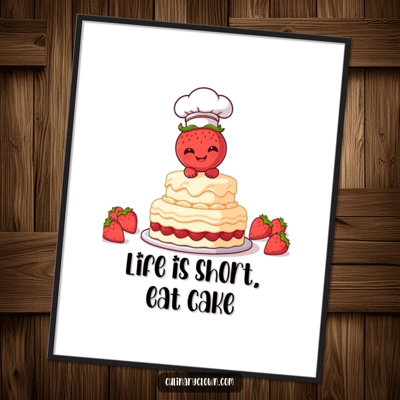 Funny free printable wall art of a cheerful strawberry chef meticulously frosting a multi-layered cake, bringing a sweet, humorous vibe.