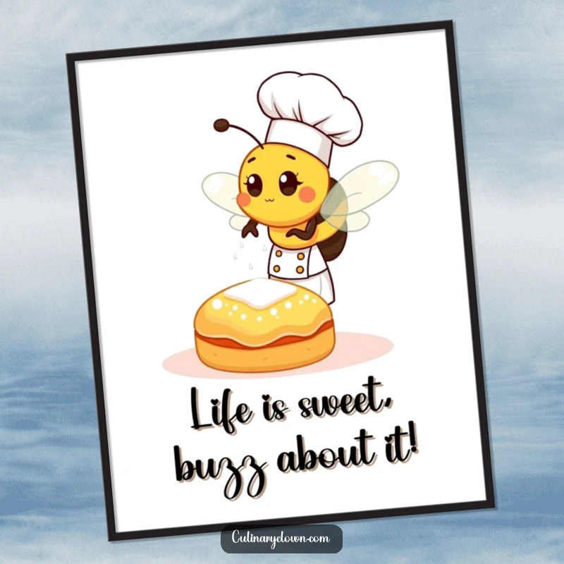 Funny Free Printable Wall Art: A busy bee chef in a hat, expertly sprinkling sugar onto a delicious pastry.