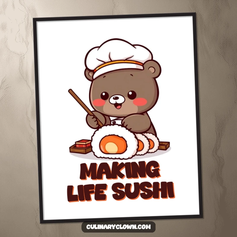 Funny Free Printable Wall Art: Kawaii sushi chef bear enthusiastically rolling a giant sushi roll, a fun piece of downloadable kitchen decor.
