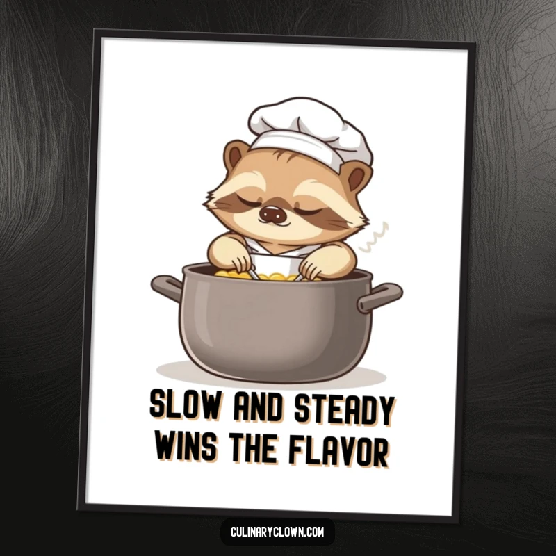 Funny Free Printable Wall Art: A sleepy sloth chef slowly stirring a very large pot of soup with a content expression.