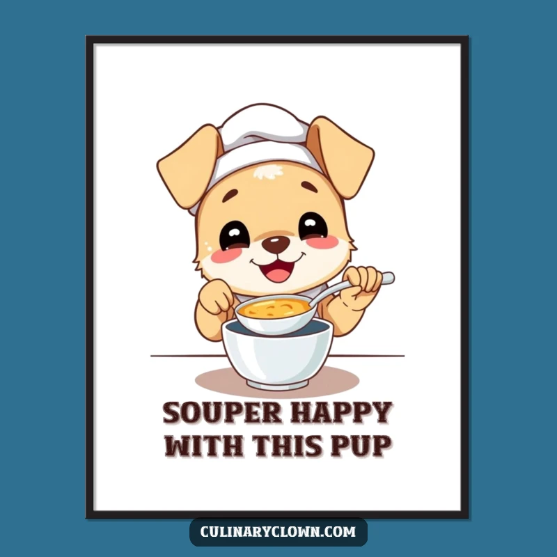 Free Printable Funny Puppy Chef Wall Art: Happy Soup Taster, Downloadable Decor