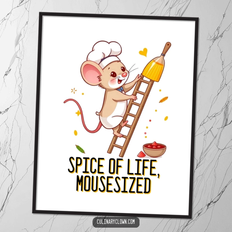 Funny free printable wall art of a brave mouse chef climbing a ladder towards spices, creating an inspiring and humorous kitchen scene.