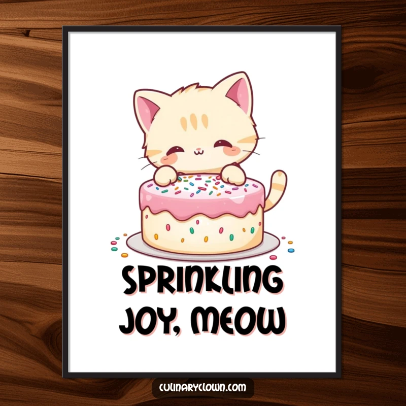 Funny Free Printable Wall Art: A playful cat meticulously decorates a cake with a colorful burst of sprinkles.