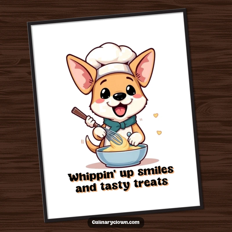 Funny Free Printable Wall Art: Energetic dog chef with big floppy ears enthusiastically whisking batter, for kitchen decor.
