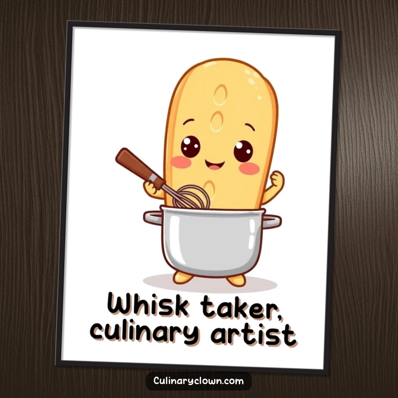 Funny Free Printable Wall Art of a playful baguette character with bright eyes, joyfully stirring a pot with a whisk.