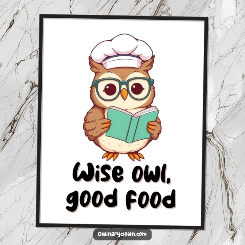 Funny free printable wall art of a smiling chef owl wearing glasses, reading a recipe, adding a touch of intellectual humor.
