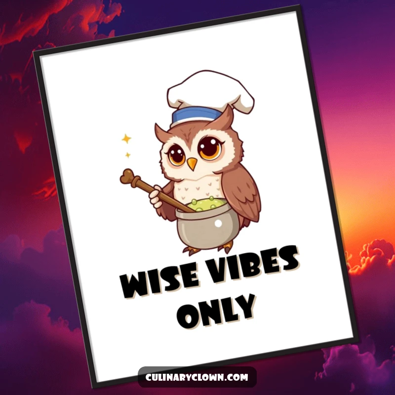 Funny Free Printable Wall Art of a curious owl chef diligently stirring a bubbling potion with a wooden spoon, looking mystical.