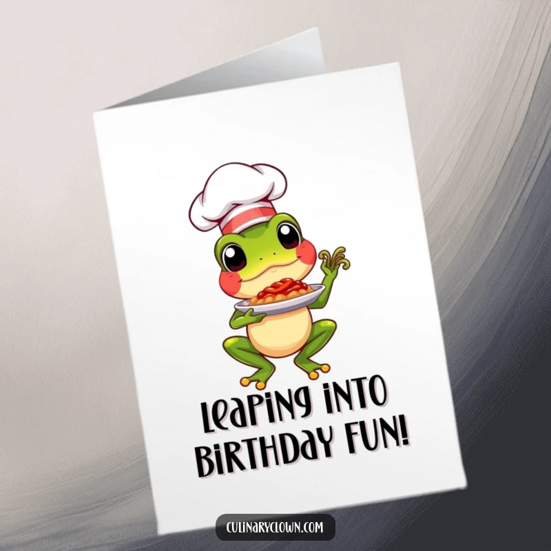Funny Free Printable Birthday Card: A proud chef frog character presenting a delicious dish with a grand flourish.