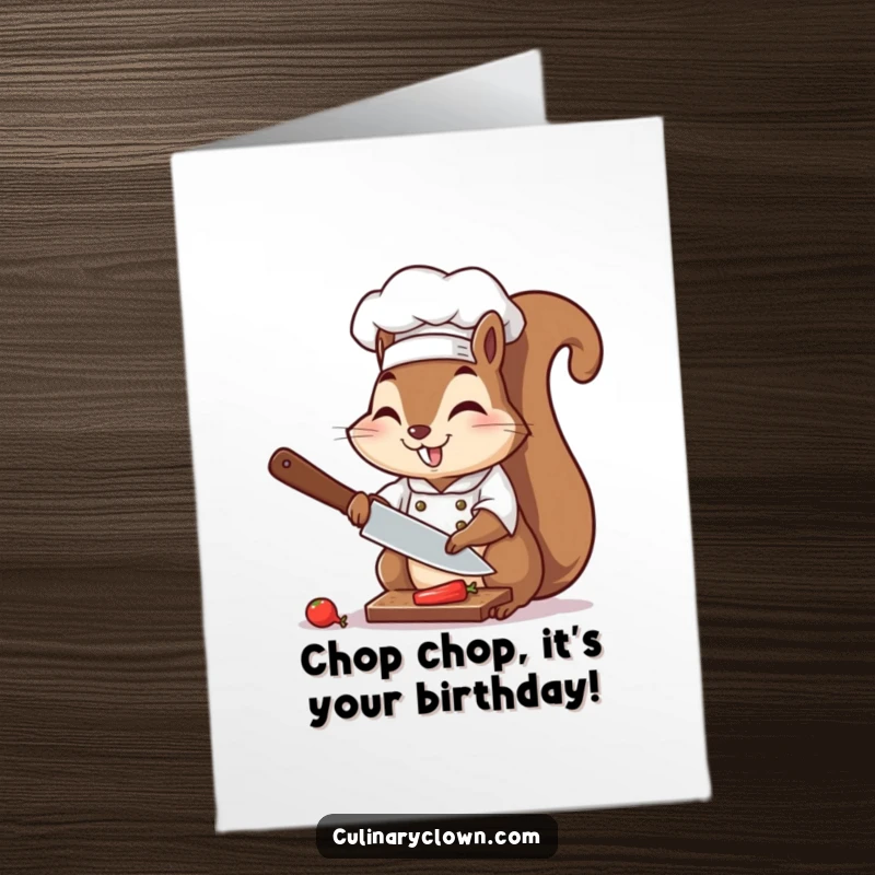Funny Free Printable Birthday Card: A cheerful chef squirrel energetically chopping an ingredient with a big smile and focused eyes.