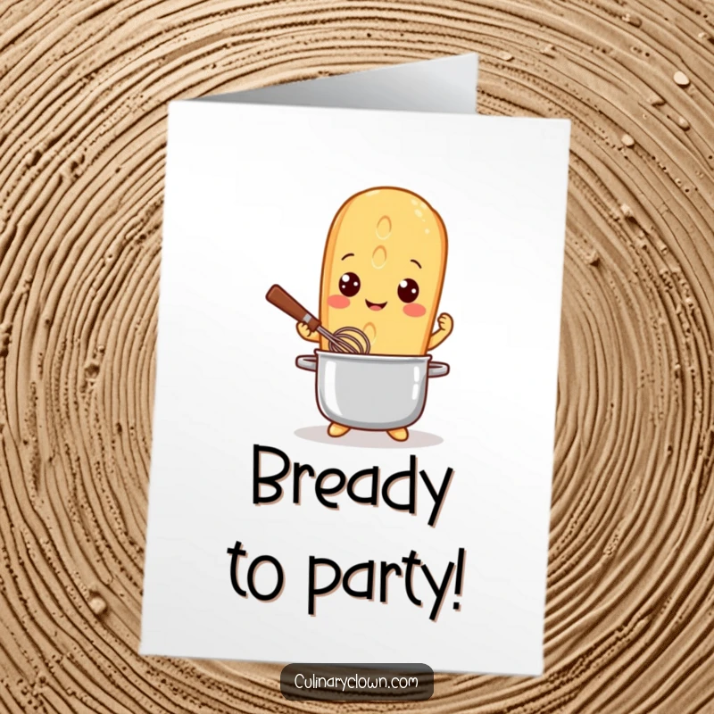 Funny Free Printable Birthday Card featuring a playful baguette chef stirring a pot with bright, excited eyes, ready to celebrate.