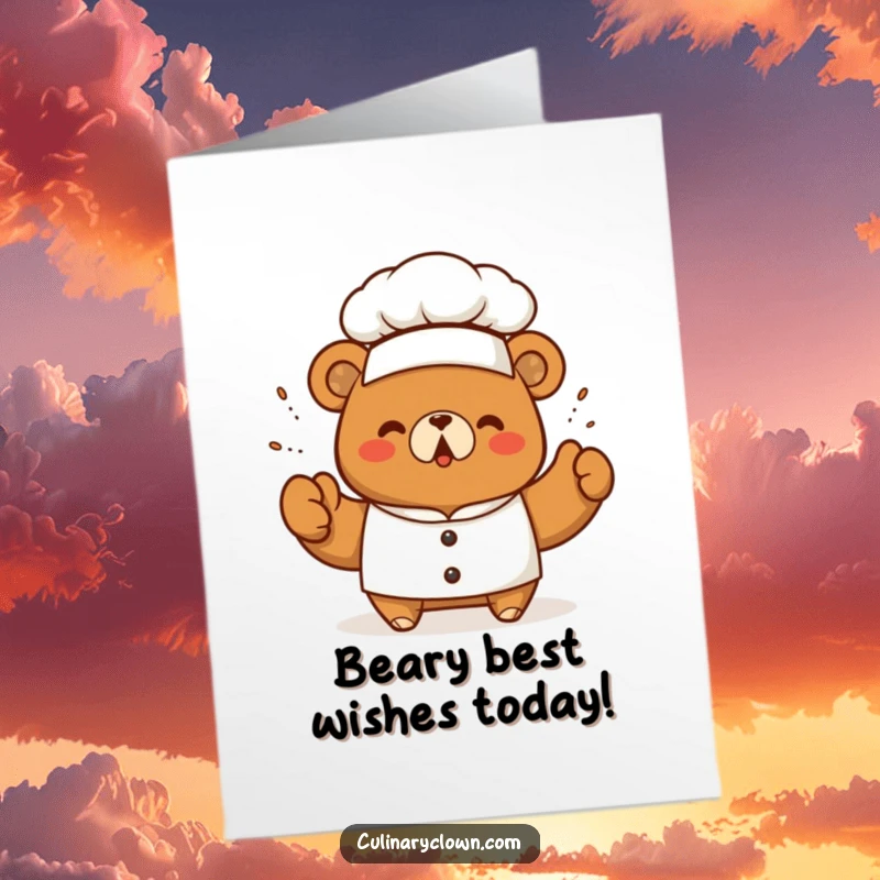 Funny Free Printable Birthday Card: A kawaii bear chef in a tall hat triumphantly sprinkling seasoning, adding flavor to the celebration.