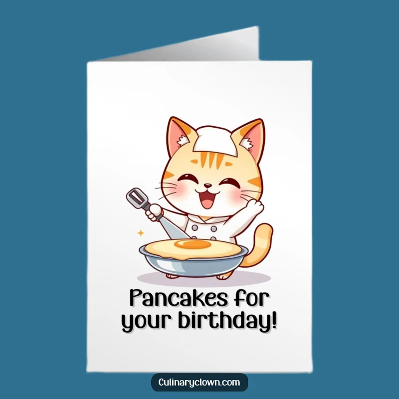 Free Printable Birthday Card: Cat Chef Flipping Giant Pancake!
