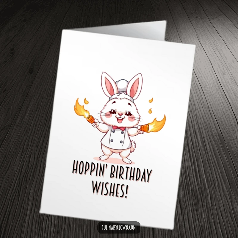 Funny Free Printable Birthday Card: Fluffy bunny chef comically juggling flaming carrots with intense concentration, wishing a fiery happy birthday.