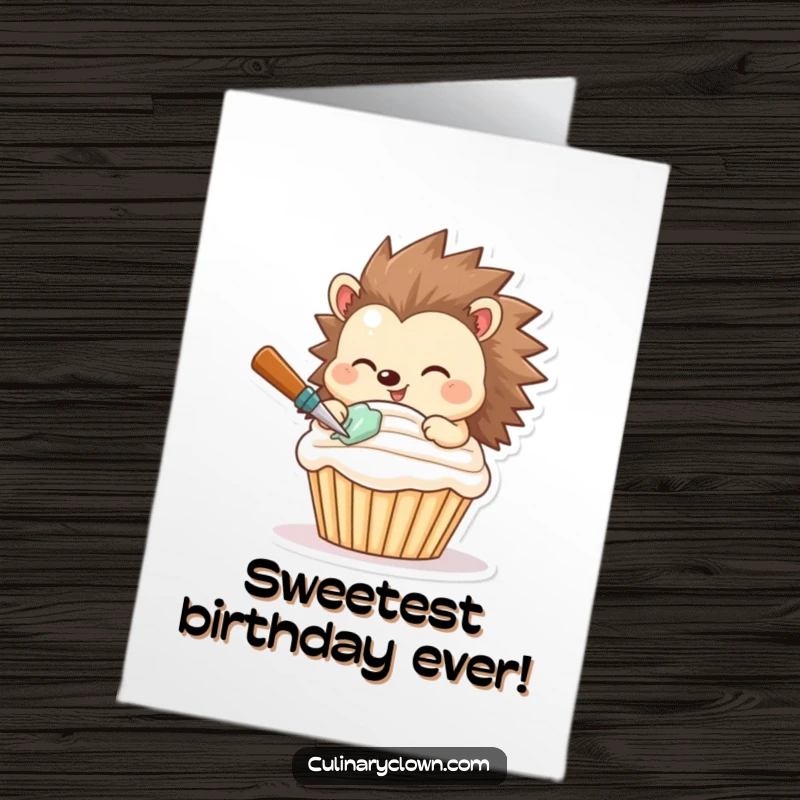 Funny Free Printable Birthday Card: Smiling hedgehog character meticulously frosting a cupcake, celebrating a birthday with sweetness.
