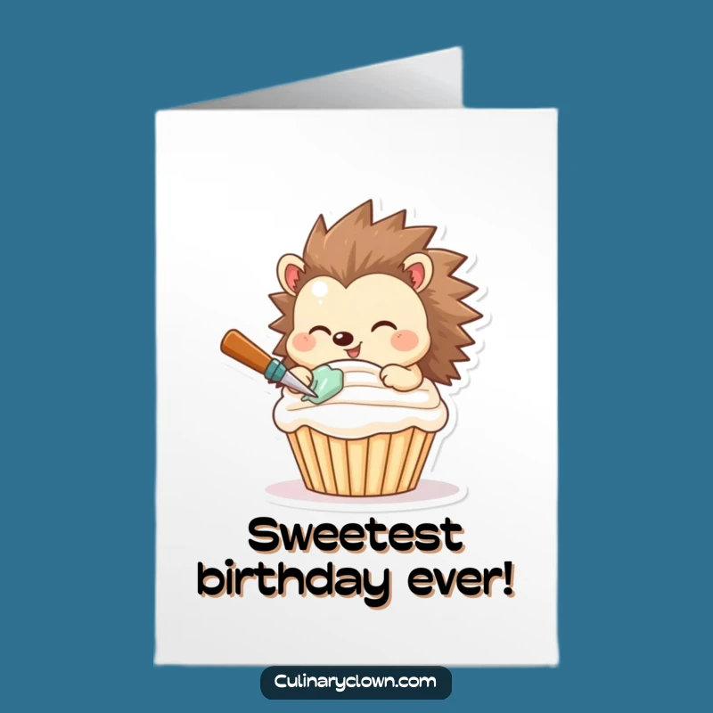 Free Printable Birthday Card: Hedgehog Frosting Cupcake Funny Downloadable Gift