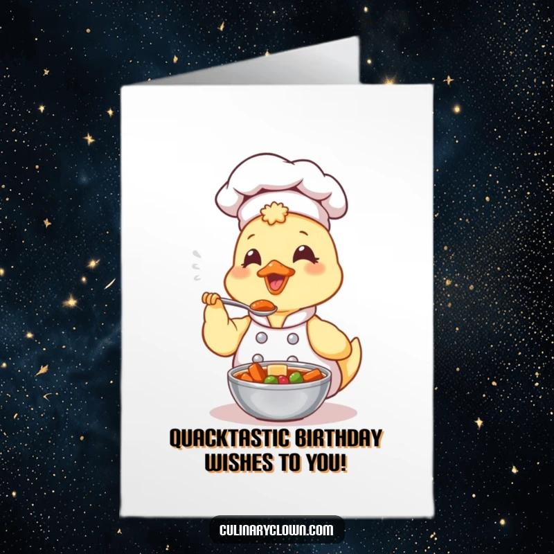 Funny Free Printable Birthday Card: A kawaii duck chef with closed eyes joyfully tastes a spoonful of hearty stew, savoring every bit.