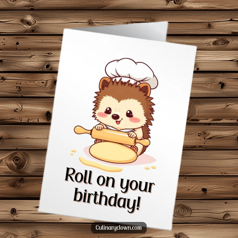 Funny Free Printable Birthday Card: A kawaii hedgehog chef intently uses a tiny rolling pin on a small ball of dough, focused on baking.