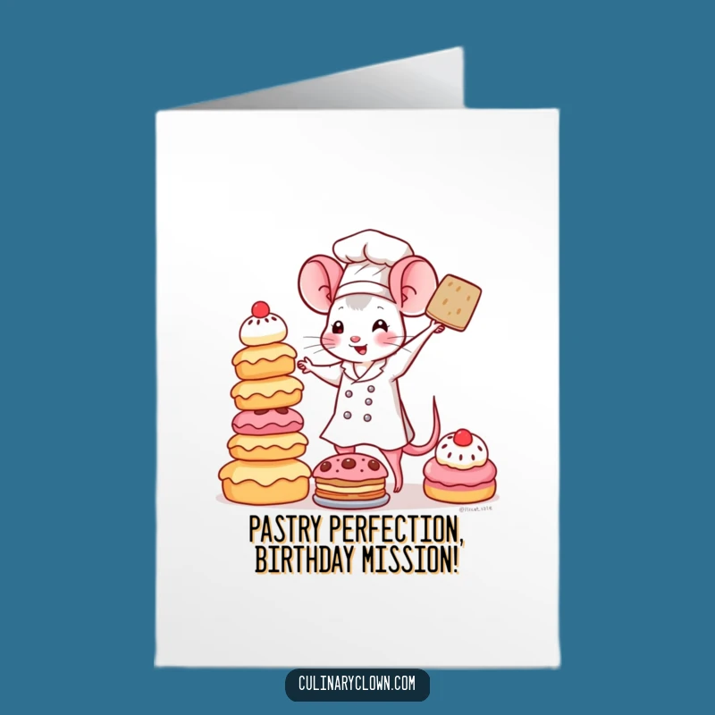 Free Printable Birthday Card: Kawaii Mouse Chef Balancing Pastries Funny Downloadable Gift