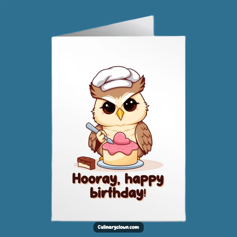 Free Printable Birthday Card: Owl Chef's Tiny Cake Sparks Joyful Wishes