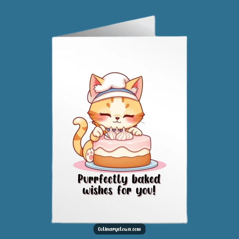 Free Printable Funny Cat Chef Birthday Card: Mischievous Baker Decorating Cake, Downloadable Gift