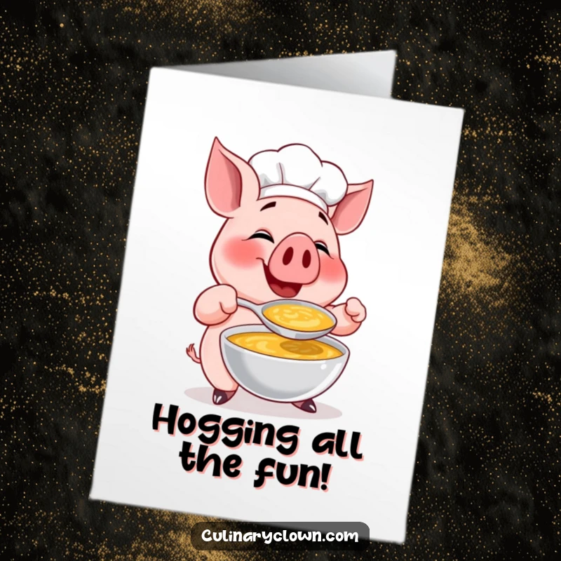 Funny Free Printable Birthday Card: A happy pig chef joyfully tastes a huge spoonful of soup with delight.