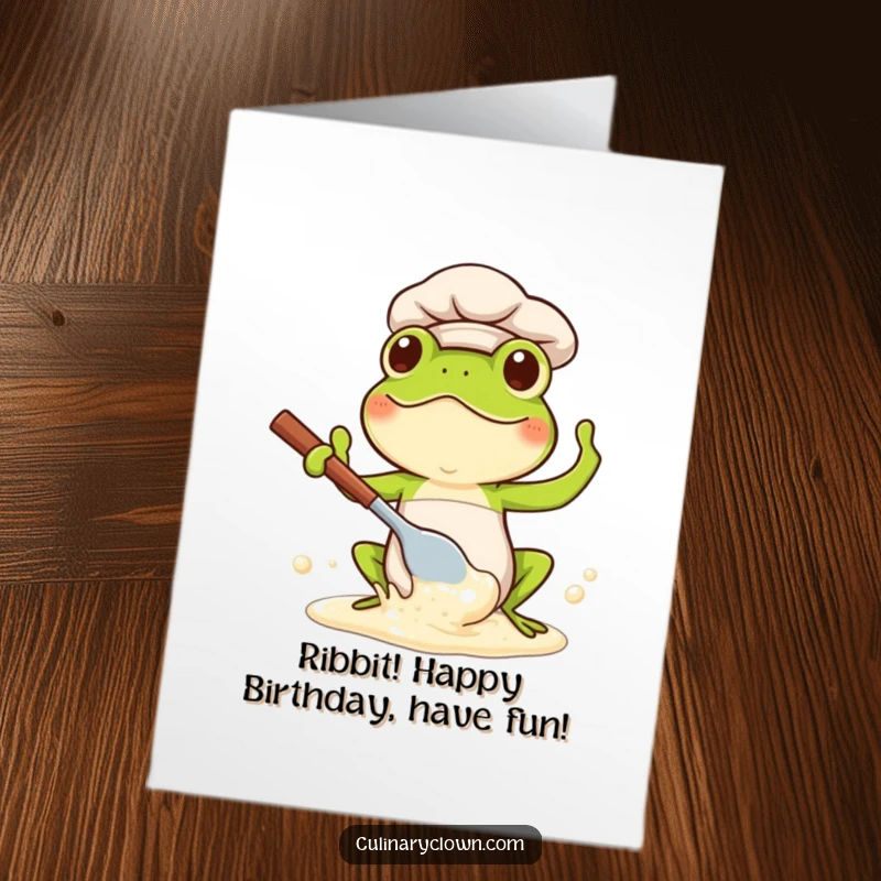 Funny Free Printable Happy Birthday Card feat. a Kawaii frog chef, gleefully splashing batter with a large spoon, celebrating joyfully.
