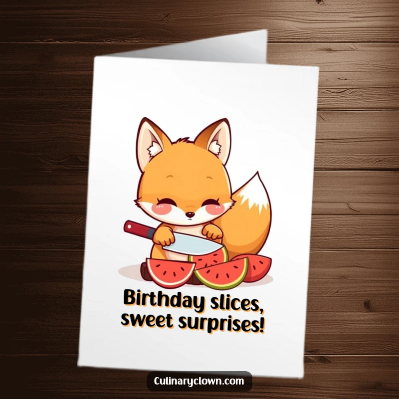 Sweet Free Printable Birthday Card: a kawaii fox carefully slicing a vibrant fruit with precision, a funny and fresh gift.