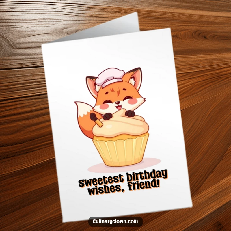 Funny Free Printable Birthday Card: Kawaii fox chef gleefully frosts a giant cupcake, ready for a sweet birthday party.