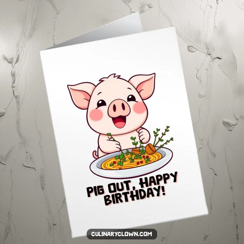 Excited Free Printable Birthday Card: a charming kawaii pig adding herbs to a dish with enthusiasm, a funny foodie gift.
