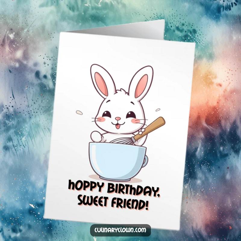 Funny Free Printable Birthday Card: A smiling rabbit energetically whisks batter with a comically large spoon, ready for baking.