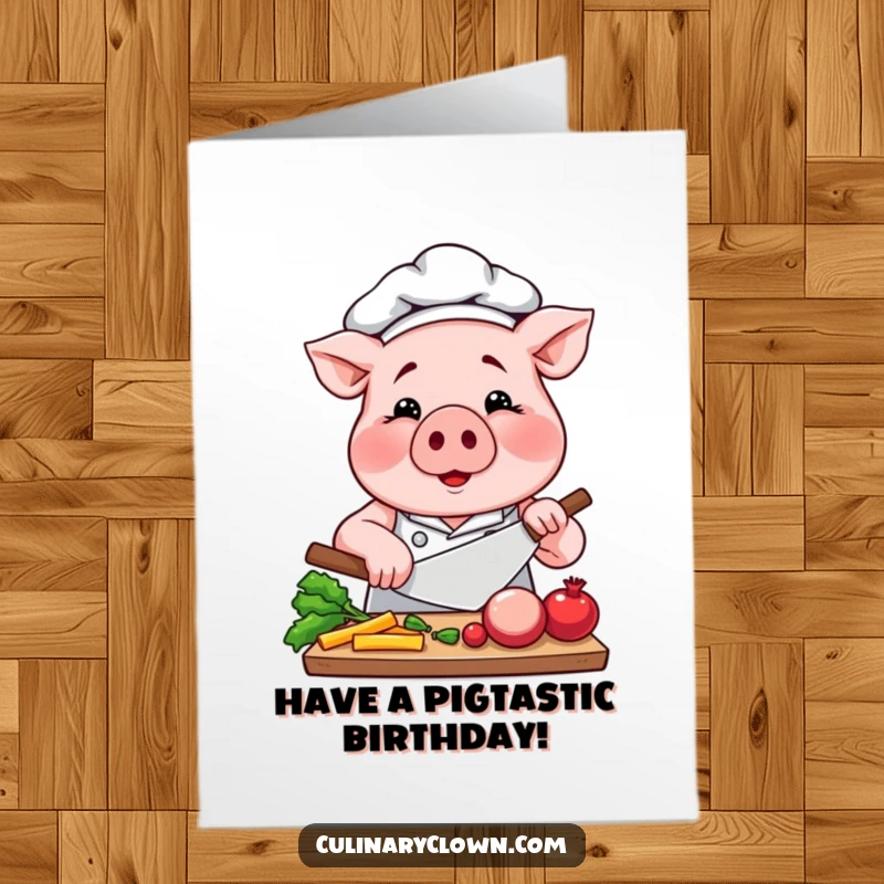 Funny Free Printable Birthday Card: A smiling pig chef intensely chops vegetables, ready for a birthday feast.