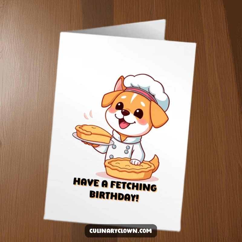 Funny Free Printable Birthday Card: A kawaii dog chef excitedly presenting a perfectly baked pie for a birthday celebration.