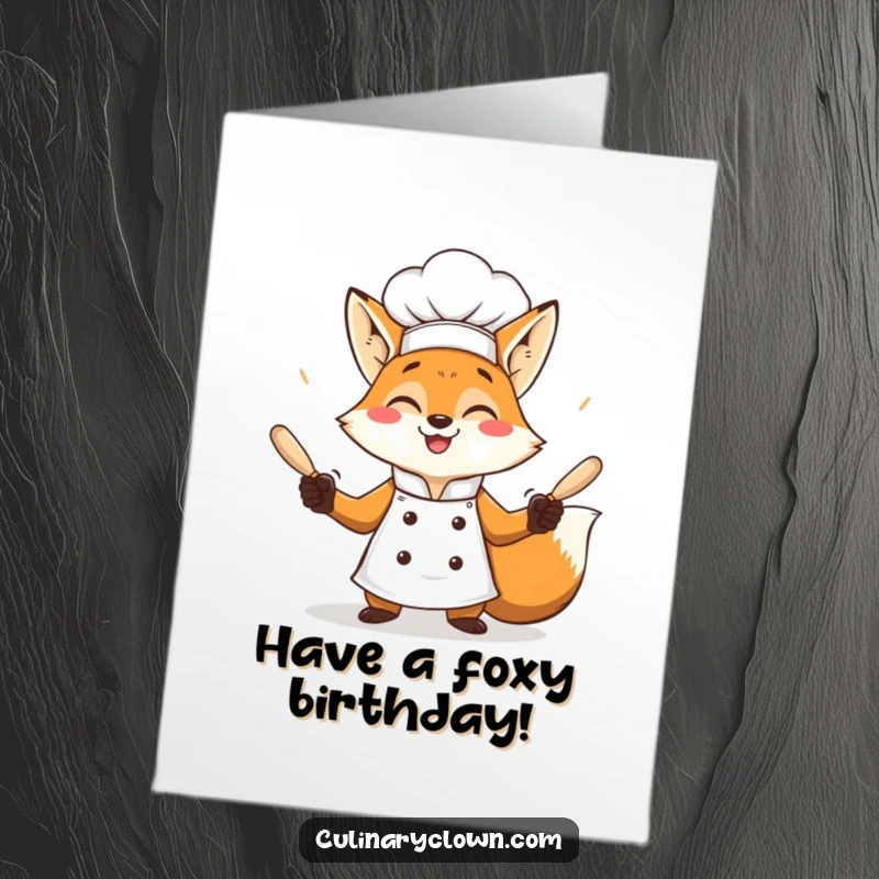 Funny free printable birthday card featuring a cheerful fox chef comically juggling rolling pins with a wide, excited grin.