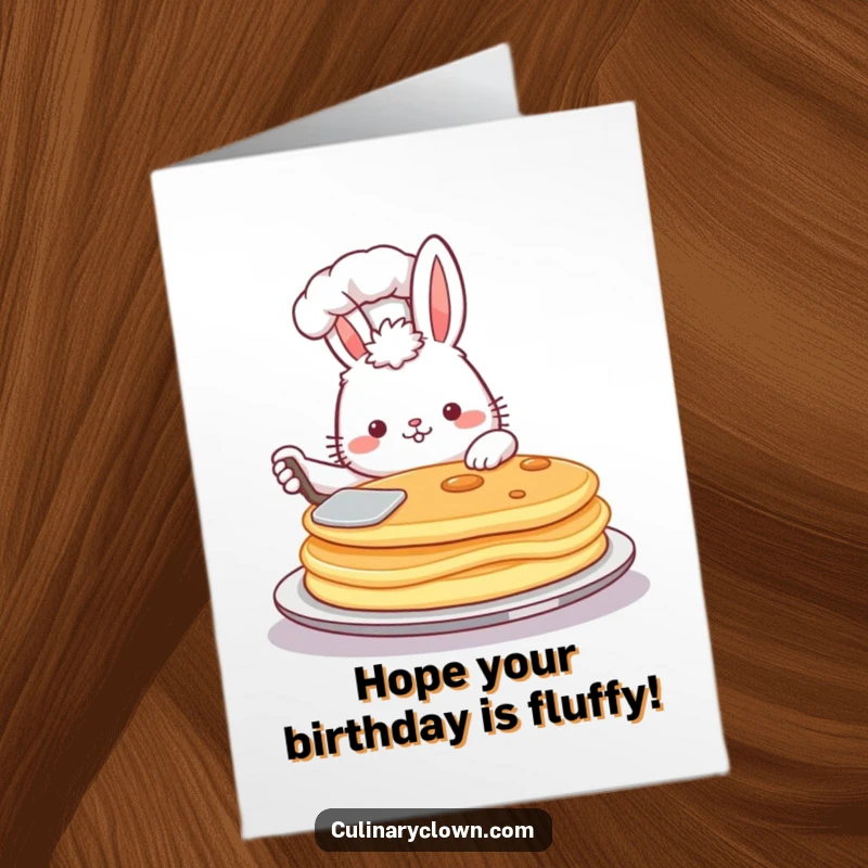 Funny Free Printable Birthday Card featuring a proud bunny chef expertly flipping a giant pancake, ready to serve up birthday wishes.