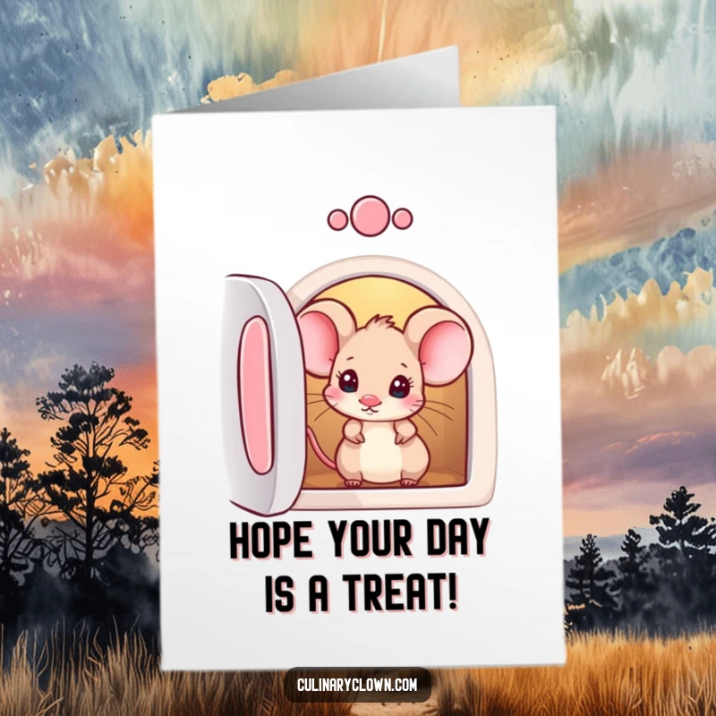 Funny Free Printable Birthday Card: A curious mouse character peeking intently into an open oven, anticipating a treat.