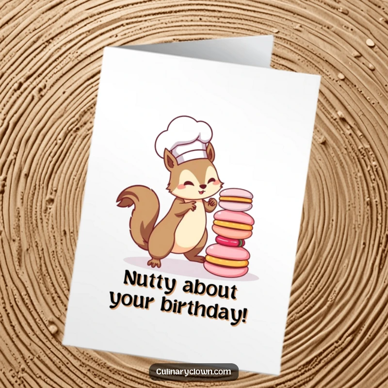 Funny Free Printable Birthday Card: Kawaii squirrel chef comically balances a wobbly tower of colorful macarons, ready to tumble.