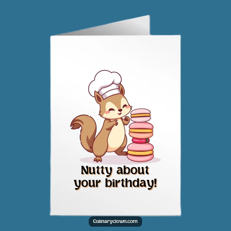 Free Printable Kawaii Squirrel Chef Birthday Card - Funny Macaron Tower Fail Downloadable Gift