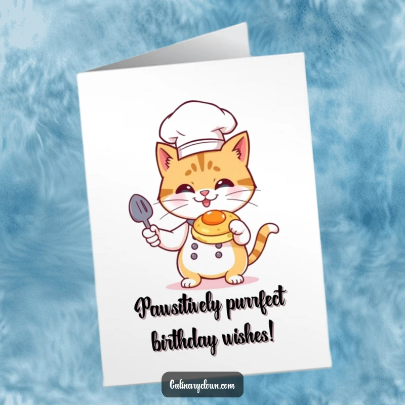 Funny Free Printable Birthday Card: Cat chef flambéing a pancake with a mischievous grin, wearing a tall toque.