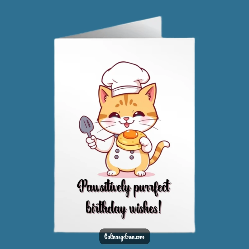 Free Printable Birthday Card: Funny Cat Chef Flambéing Pancakes Downloadable Gift