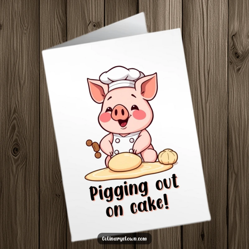 Funny free printable birthday card with a happy chef pig character kneading dough, bringing baking humor to the celebration.