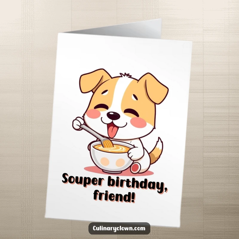 Funny Free Printable Birthday Card: Excited dog character joyfully slurping soup, celebrating a special day with pure delight.