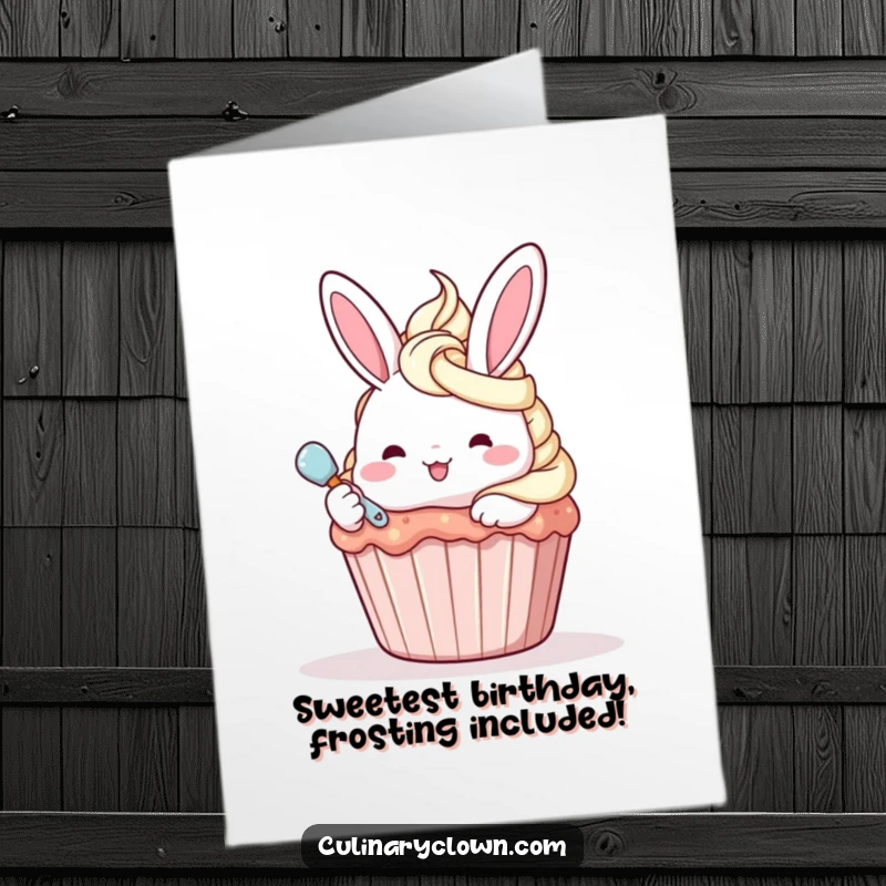 Joyful Free Printable Birthday Card featuring a cute kawaii bunny happily frosting a giant cupcake, a sweet and funny design.