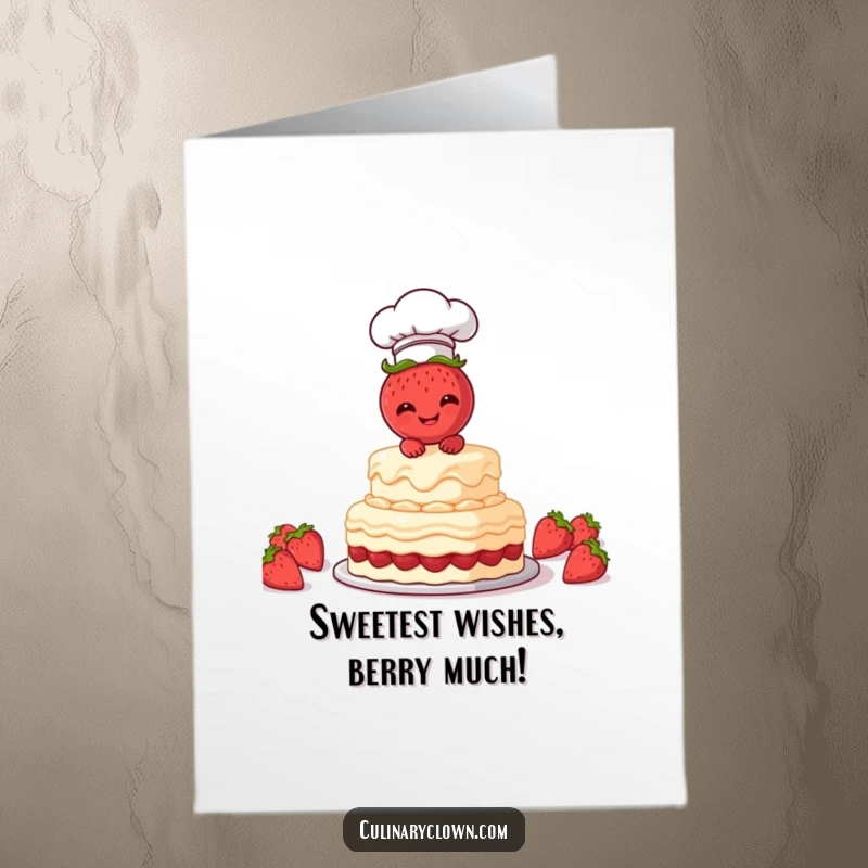 Funny free printable birthday card with a happy strawberry chef character gleefully frosting a tall, delicious cake, perfect for birthdays.