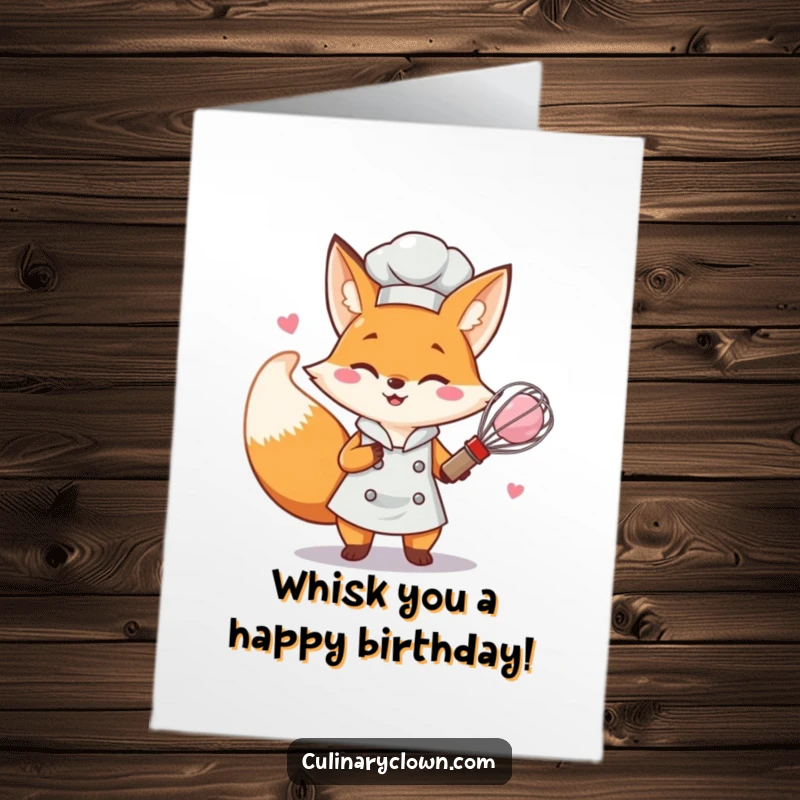 Funny Free Printable Birthday Card: Determined fox chef whisking pink batter with gusto, perfect for baking lovers.