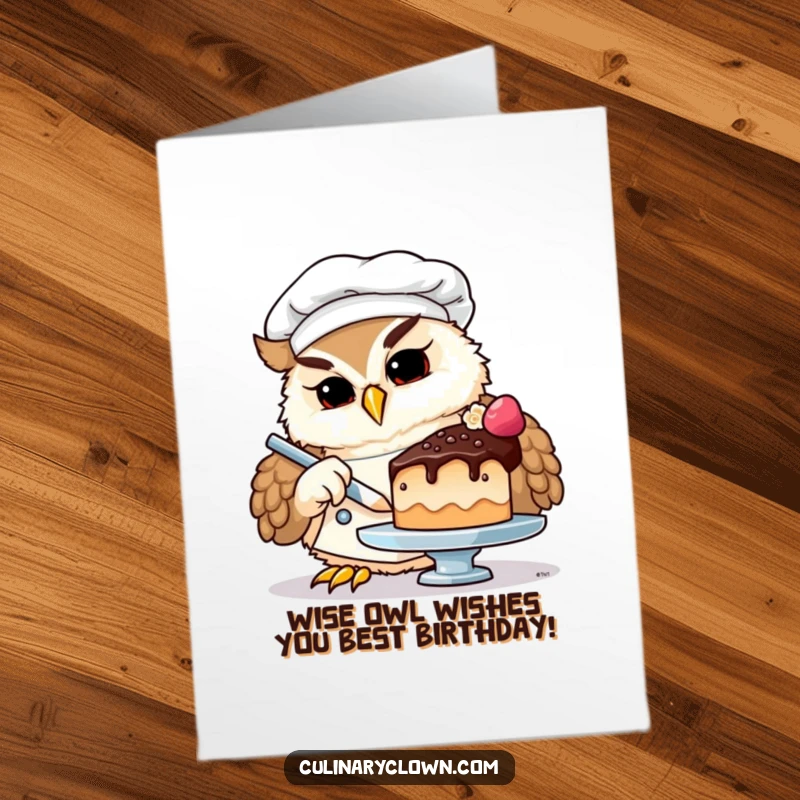 Funny Free Printable Birthday Card featuring a determined owl chef meticulously decorating a miniature cake with a tiny spatula.